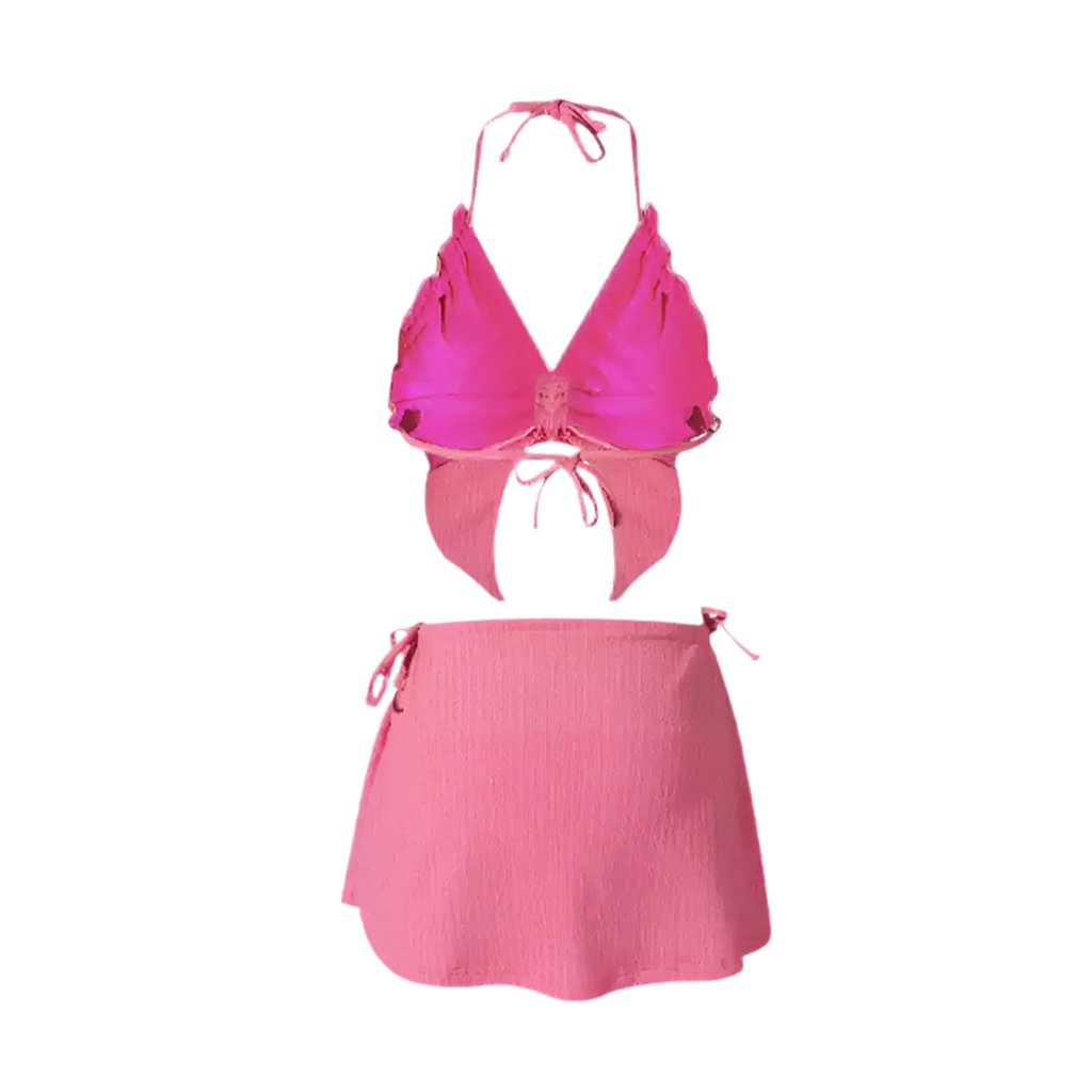 Two Piece Backless SwimWear With Butterfly Top And Short Coverup Skirt